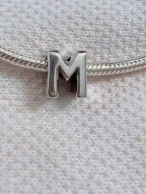 Letter M Alphabet Silver Charm with Heart Pattern Back Side For Pandora Bracelet